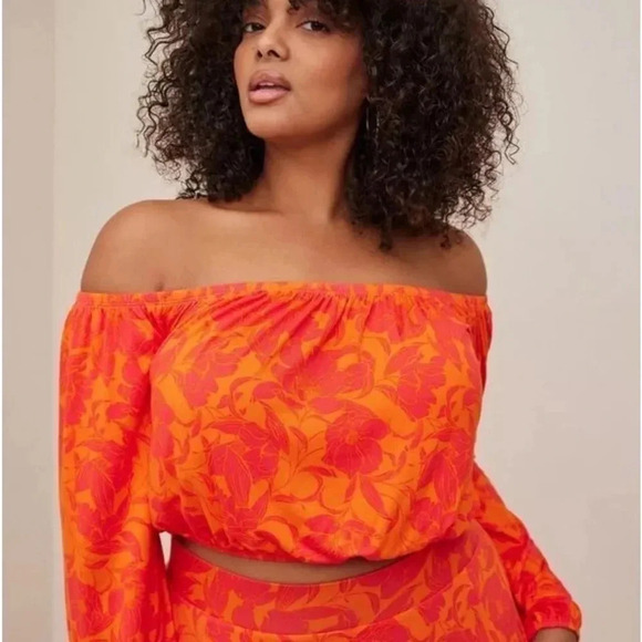 Torrid Super Soft Off Shoulder Long Sleeve Crop Top Floral Orange Plus Size 2X - Picture 6 of 7
